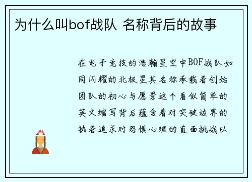 为什么叫bof战队 名称背后的故事
