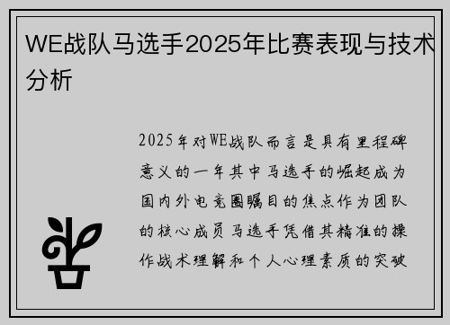 WE战队马选手2025年比赛表现与技术分析